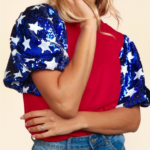 Tops - 🔥🔥 Haptics New Boutique Star Sequins Bubble Short Sleeve Knit Top Red/Blue